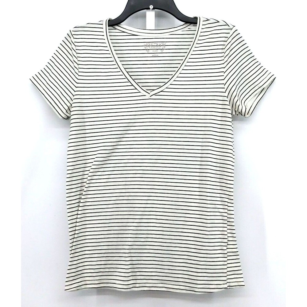 Mudd T-Shirt Womens Large White Black Striped Short Sleeve V-Neck Everyday Tee